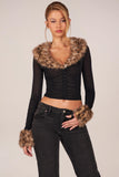 Faux Fur Trim Sheer Mesh Cardigan in Black