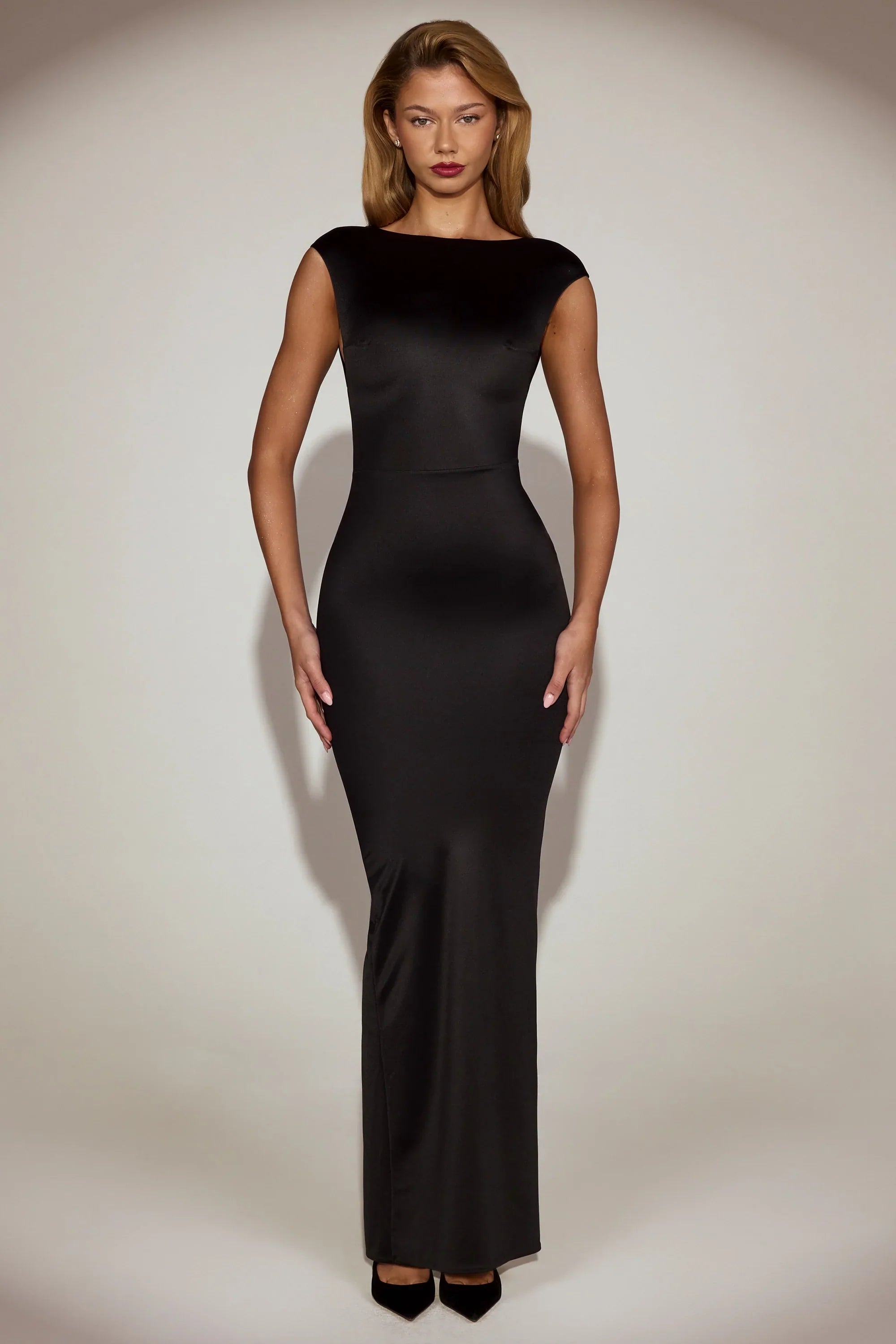 Satin Boat Neck Twist Back Maxi Dress in Black