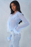 Feather Trim Sheer Top in Soft Blue