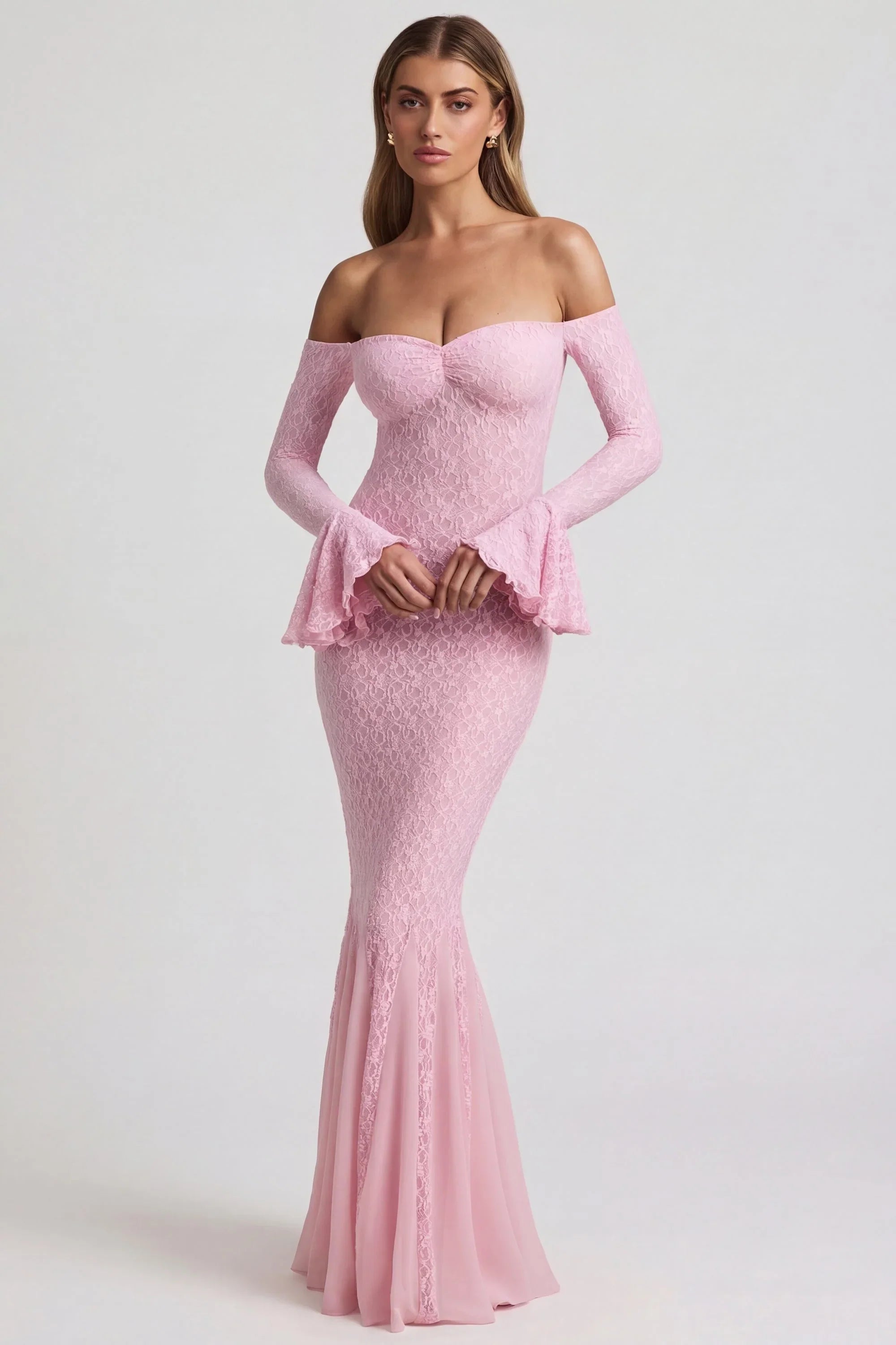 Off Shoulder Ruffle Lace Maxi Dress in Soft Pink