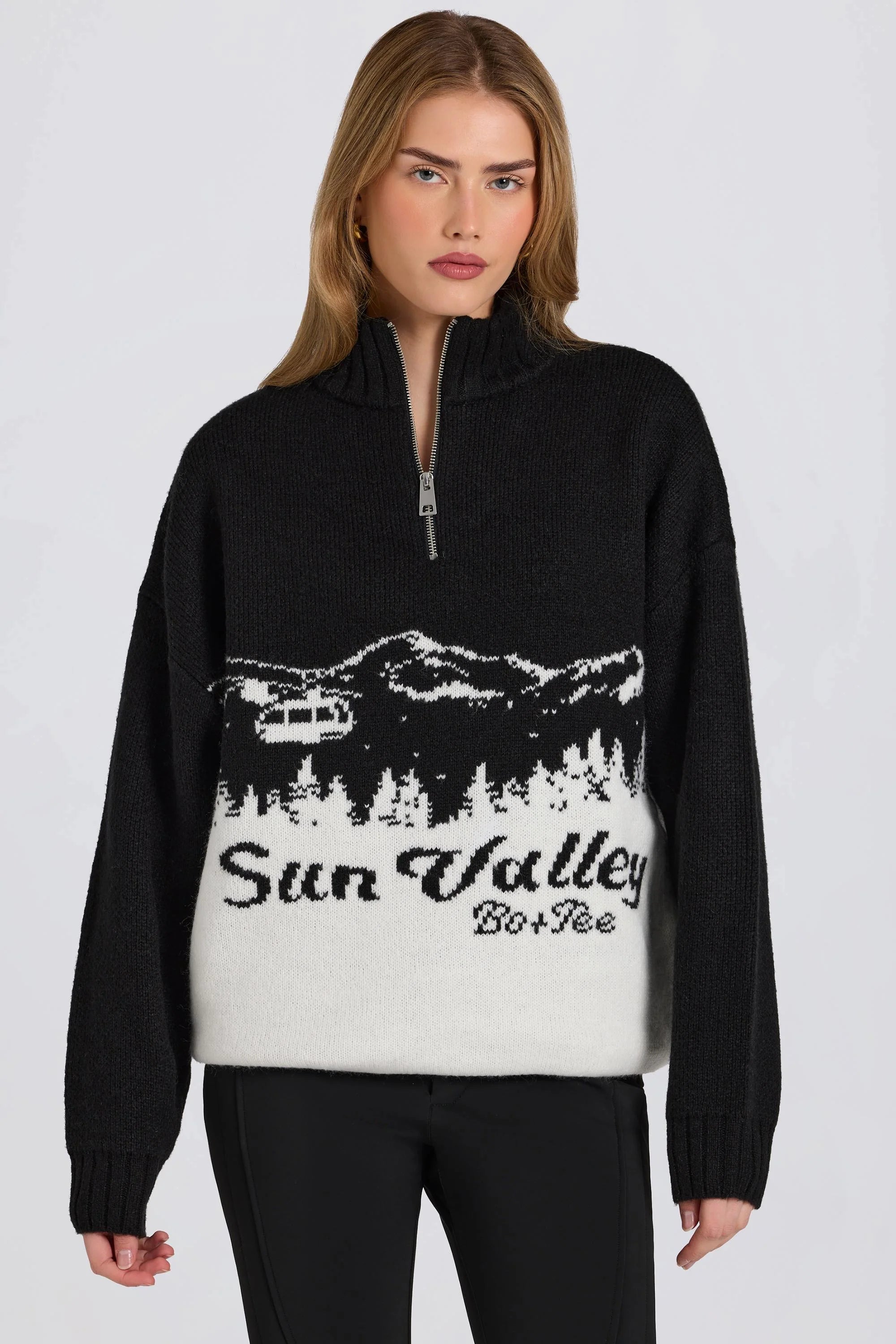 Knit Quarter Zip Turtleneck Oversized Jumper in Black