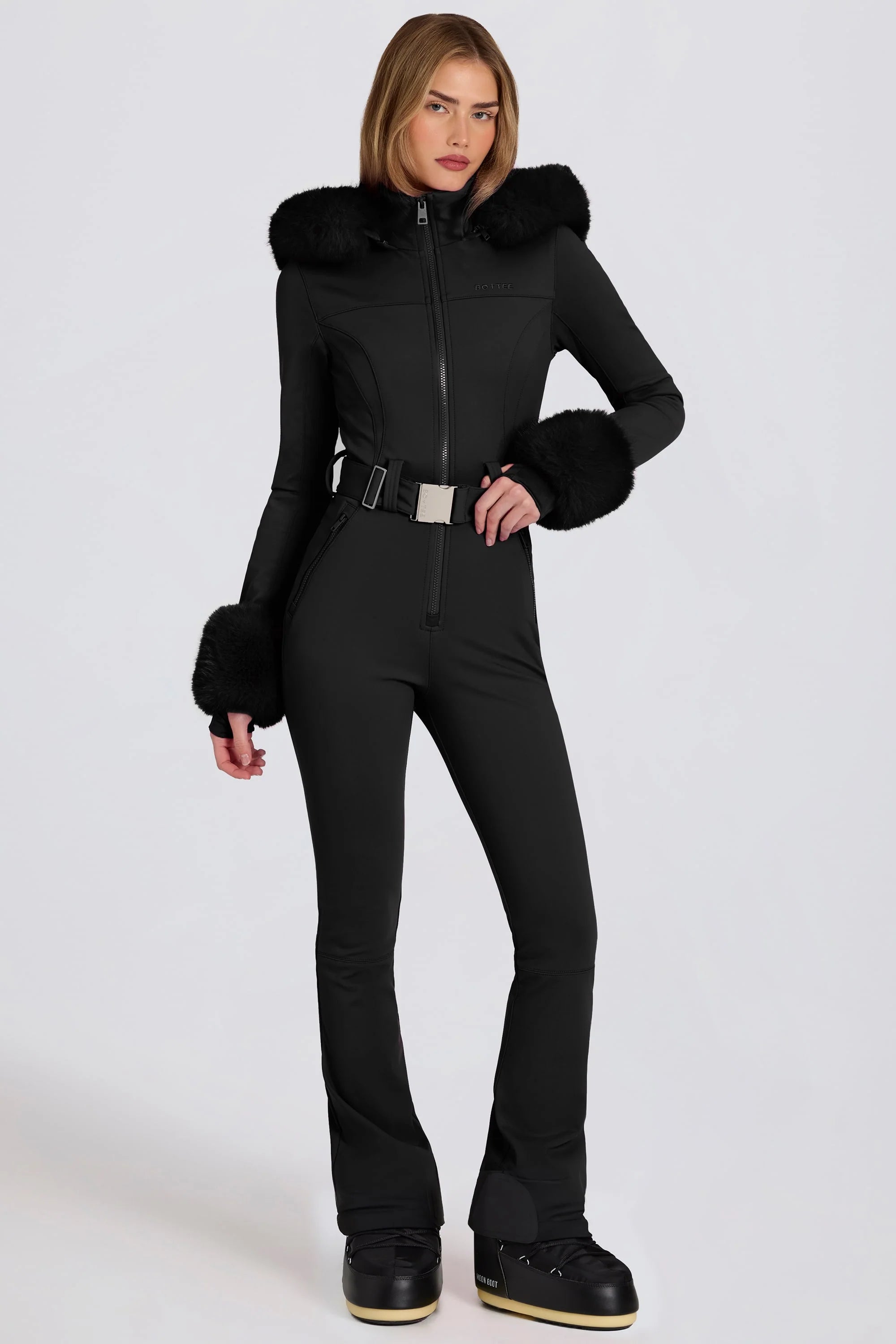 Waterproof Faux Fur Hood Fitted Ski Suit in Black