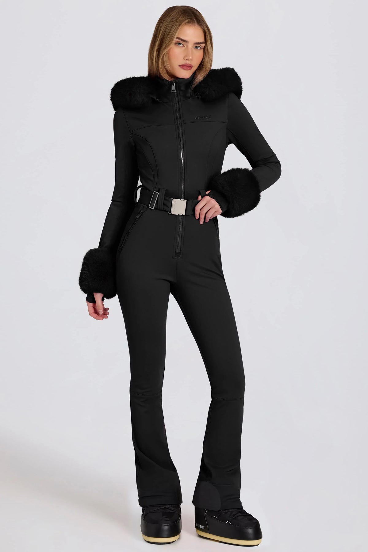 Waterproof Faux Fur Hood Fitted Ski Suit in Black