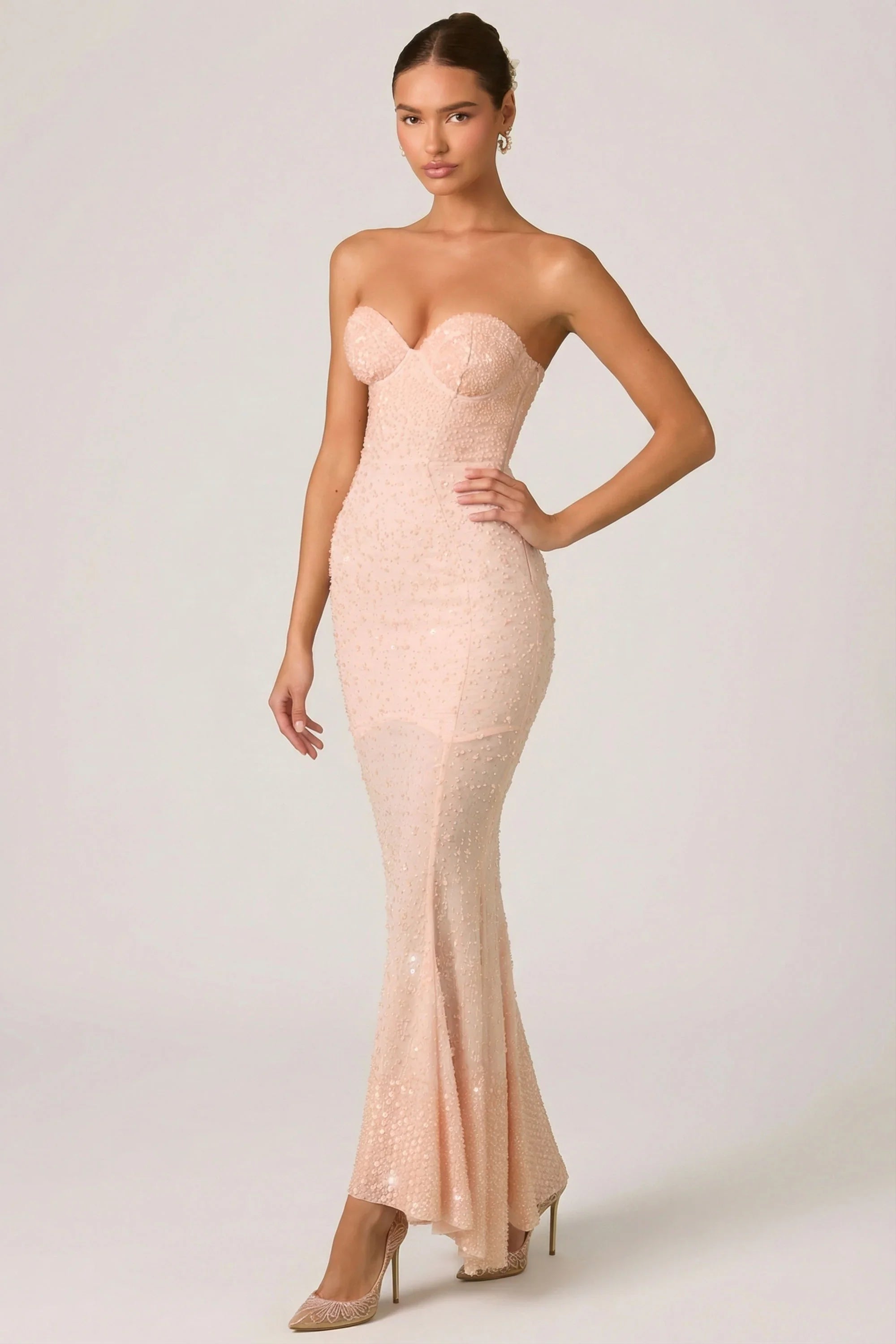 Embellished Sweetheart Neck Fishtail Gown in Dusty Rose