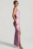 Embellished Cut Out Fishtail Maxi Dress in Peony Pink