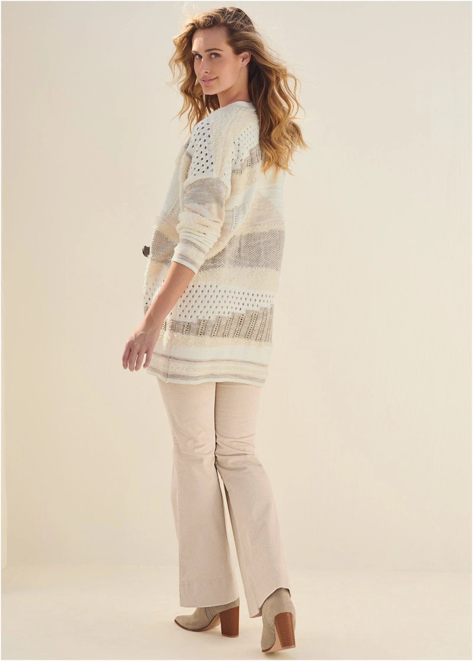 Textured Open Cardigan Cream Multi
